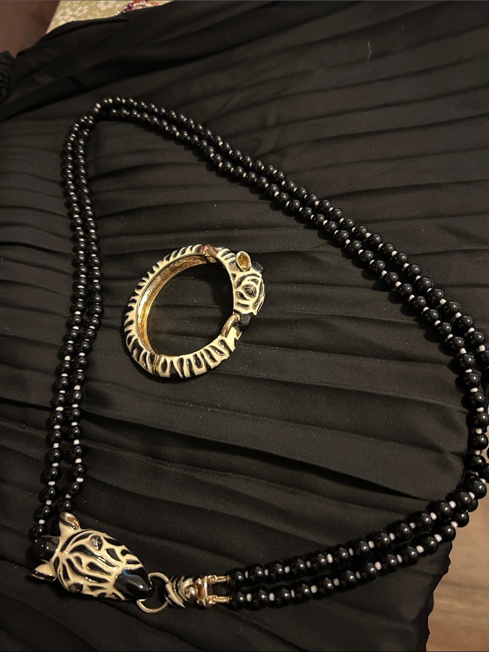 Gold-Tone Lion Head Bracelet and Black Beaded Necklace Set